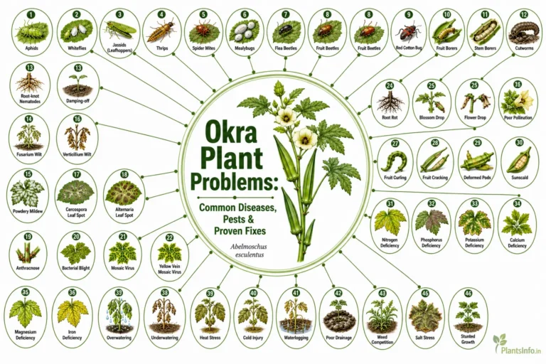 Botanical infographic showing common okra plant problems, including diseases, pests, nutrient deficiencies, environmental stress, and proven fixes for healthy Abelmoschus esculentus plants.
