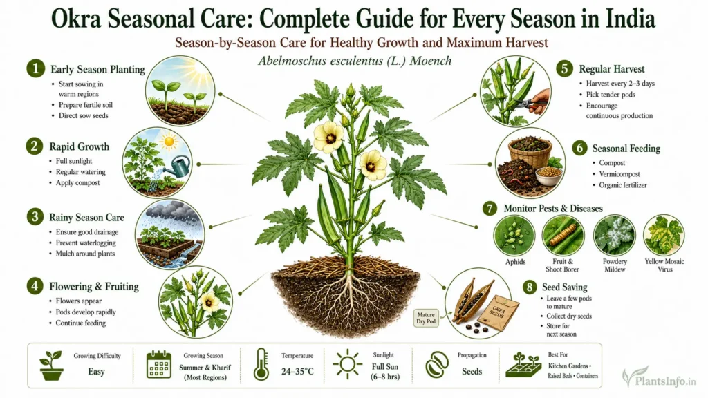Seasonal care infographic for okra (Lady's Finger) showing early planting, rapid growth, rainy season care, flowering, harvesting, fertilization, pest management, and seed saving for successful cultivation in India.