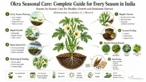 Seasonal care infographic for okra (Lady's Finger) showing early planting, rapid growth, rainy season care, flowering, harvesting, fertilization, pest management, and seed saving for successful cultivation in India.