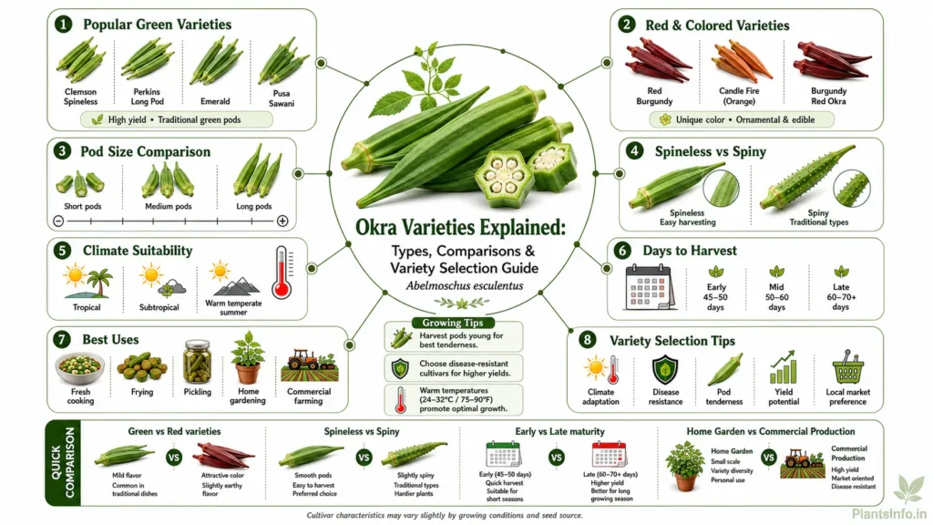 Okra varieties explained infographic comparing popular green and red cultivars, pod sizes, spineless vs spiny types, climate suitability, harvest time, best uses, and variety selection tips for Abelmoschus esculentus.