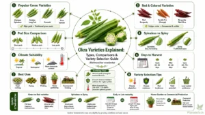Okra varieties explained infographic comparing popular green and red cultivars, pod sizes, spineless vs spiny types, climate suitability, harvest time, best uses, and variety selection tips for Abelmoschus esculentus.