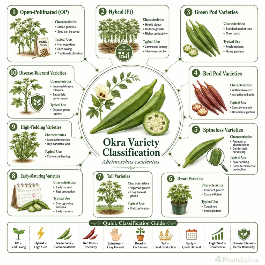 Square infographic showing okra variety classification, comparing open-pollinated, hybrid, green pod, red pod, spineless, dwarf, tall, early-maturing, high-yielding, and disease-tolerant varieties of Abelmoschus esculentus.