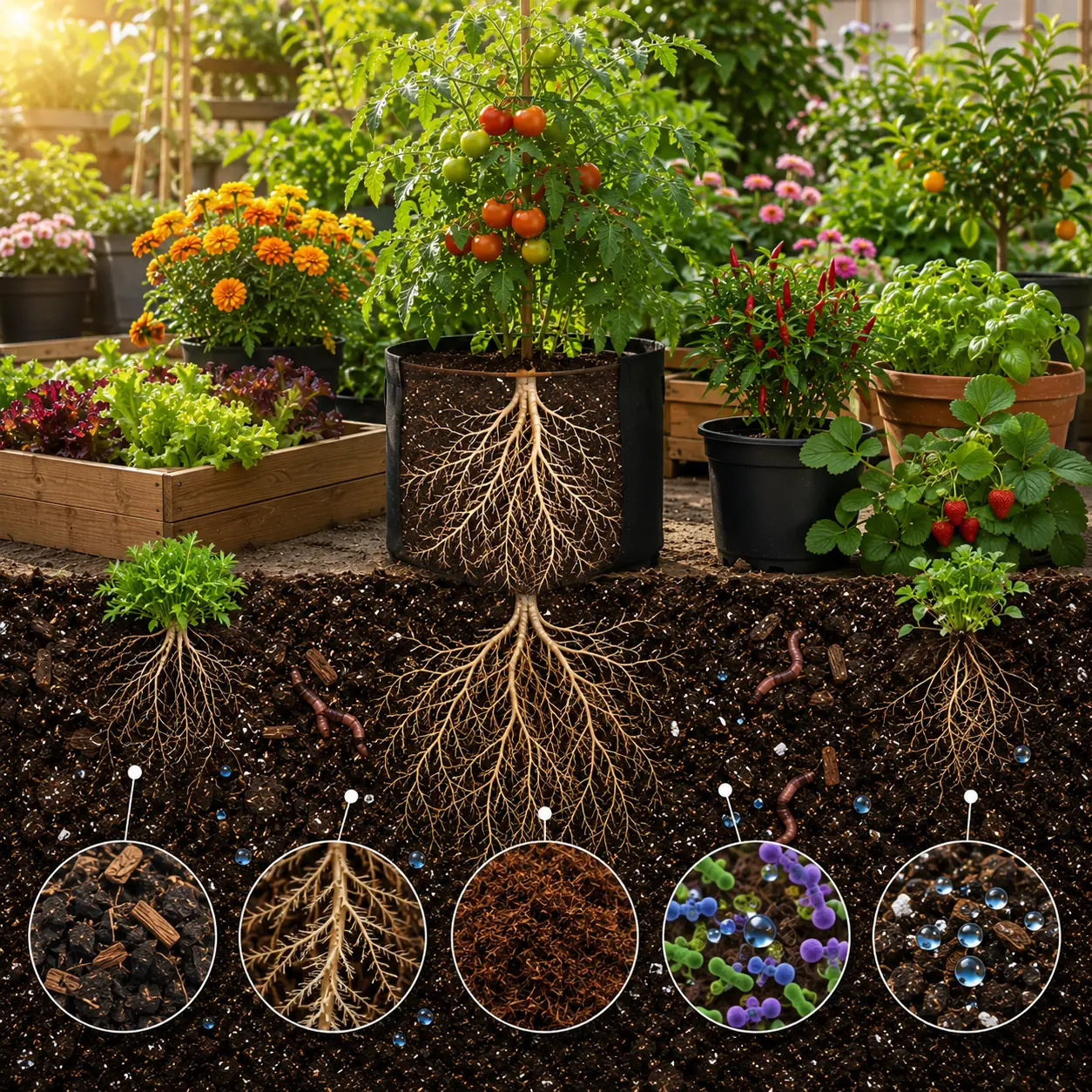 Healthy plants growing in nutrient-rich organic potting soil with strong roots and beneficial soil microbes