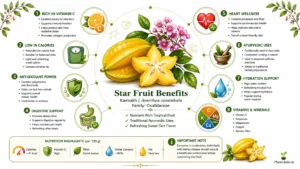 Star Fruit Benefits infographic showing nutrition facts, vitamin C, antioxidants, digestive support, Ayurvedic uses, hydration benefits, minerals, and health advantages of Averrhoa carambola.