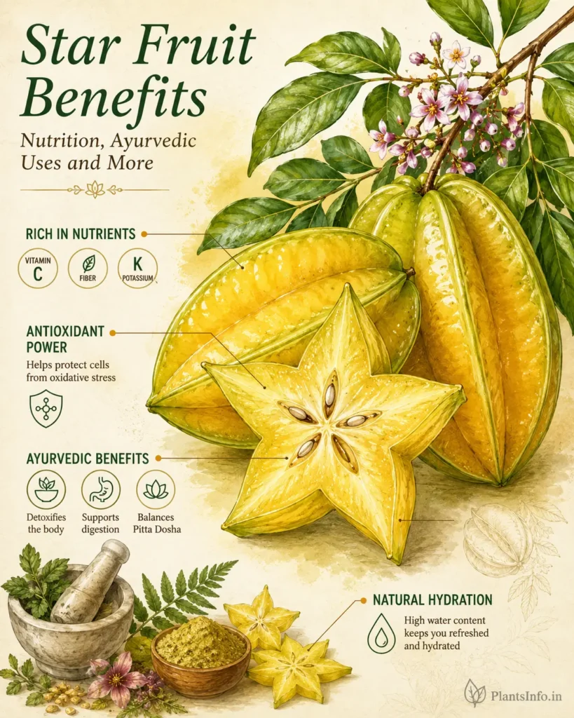 Botanical illustration of star fruit showing nutritional profile, antioxidant compounds, and Ayurvedic health benefits with detailed fruit cross-sections and medicinal callouts.