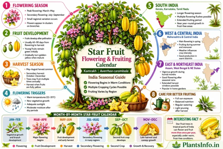 Star Fruit flowering and fruiting calendar infographic showing flowering seasons, fruit development stages, harvest periods, regional variations across India, and month-by-month growing guide for Averrhoa carambola.