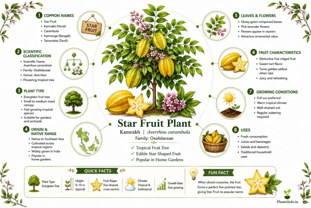 Star Fruit Plant infographic showing common names, scientific classification, origin, leaves, flowers, fruit characteristics, growing conditions, and uses of Averrhoa carambola.