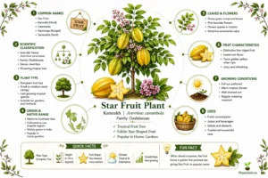 Star Fruit Plant infographic showing common names, scientific classification, origin, leaves, flowers, fruit characteristics, growing conditions, and uses of Averrhoa carambola.
