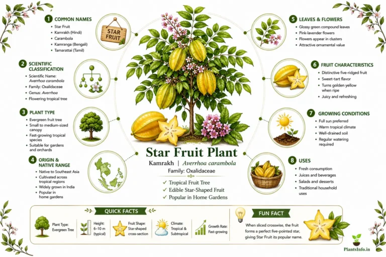 Star Fruit Plant infographic showing common names, scientific classification, origin, leaves, flowers, fruit characteristics, growing conditions, and uses of Averrhoa carambola.