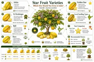 Star Fruit varieties infographic comparing Arkin, Sri Kembangan, Bell, Kary, Golden Star, and local seedling types by sweetness, fruit size, yield, and suitability for Indian gardens.