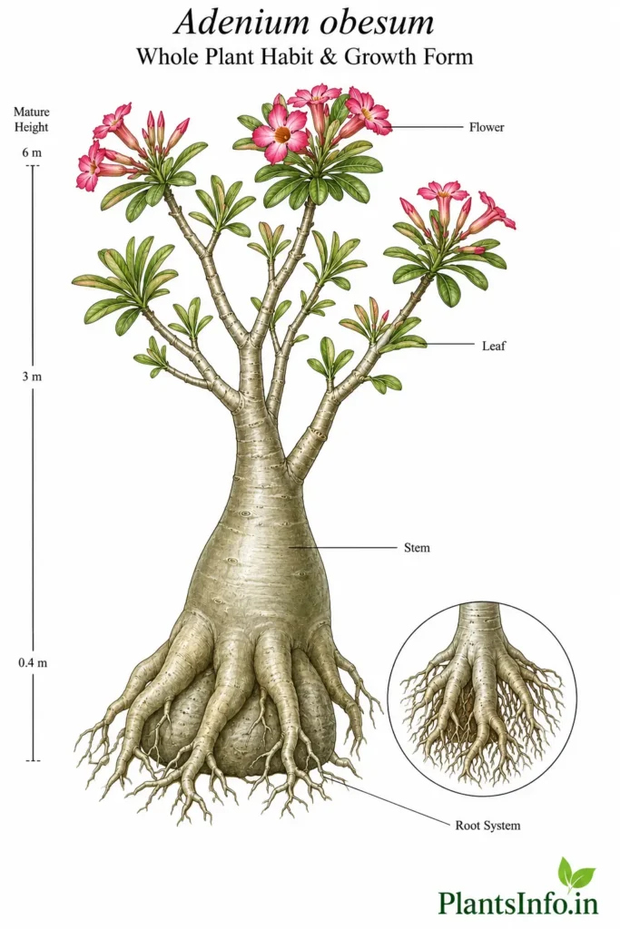 Botanical illustration of the whole plant habit and growth form of Adenium obesum showing its swollen caudex, ascending branches, terminal foliage and flowers, and swollen primary-root system.