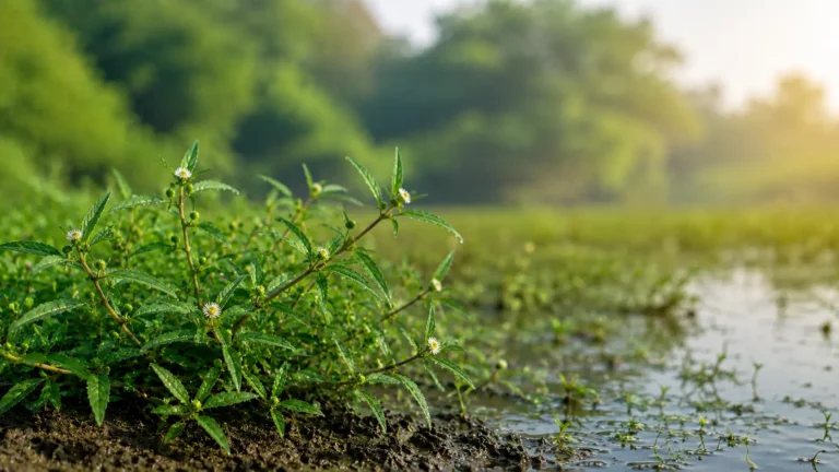 Healthy Eclipta prostrata (Bhringraj) growing in a natural wetland habitat with small white flower heads, opposite lanceolate leaves, and warm morning sunlight.