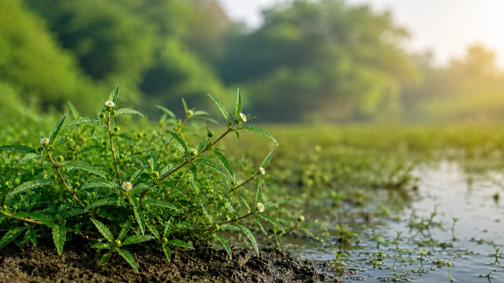 Healthy Eclipta prostrata (Bhringraj) growing in a natural wetland habitat with small white flower heads, opposite lanceolate leaves, and warm morning sunlight.