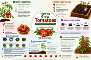 Tomato growing guide for India showing climate, soil, sowing, watering, pests, harvesting, and care tips.