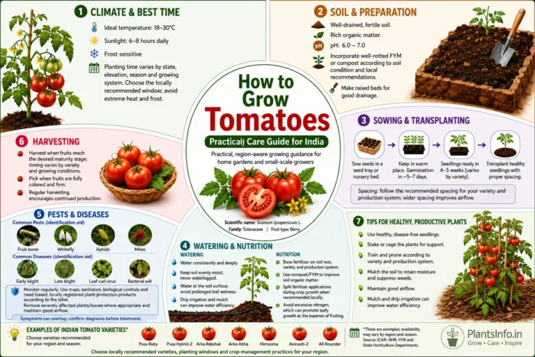 Tomato growing guide for India showing climate, soil, sowing, watering, pests, harvesting, and care tips.