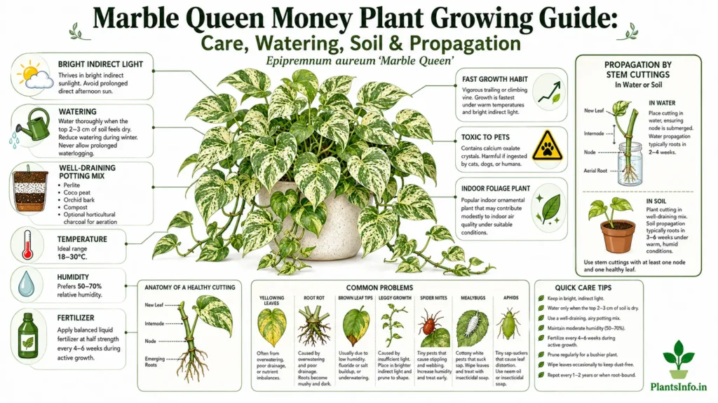 Botanical infographic of the Marble Queen Money Plant (Epipremnum aureum 'Marble Queen') showing care tips, watering schedule, well-draining soil mix, light requirements, propagation by stem cuttings, fertilizer, humidity, temperature, common problems, and quick care guide.