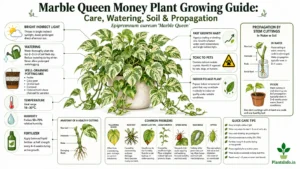 Botanical infographic of the Marble Queen Money Plant (Epipremnum aureum 'Marble Queen') showing care tips, watering schedule, well-draining soil mix, light requirements, propagation by stem cuttings, fertilizer, humidity, temperature, common problems, and quick care guide.