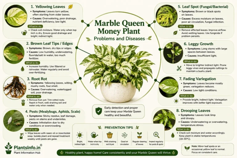 Marble Queen Money Plant problems and diseases guide showing yellow leaves, brown tips, root rot, pests, leaf spots, and drooping.