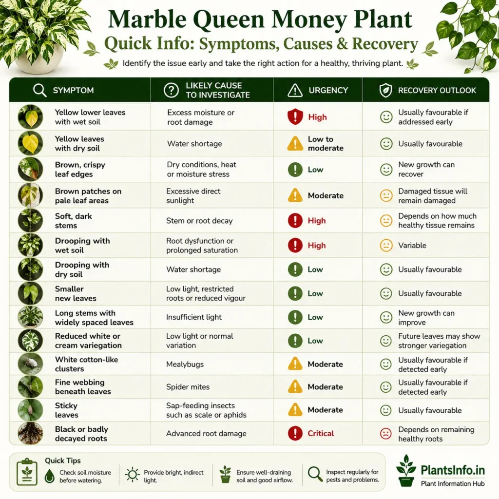 Marble Queen Money Plant quick info chart showing symptoms, likely causes, urgency levels, and recovery outlook.