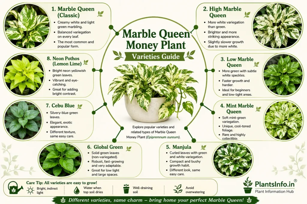 Marble Queen Money Plant varieties guide showing Classic, High Marble, Low Marble, Mint Marble, Manjula, Global Green, Cebu Blue, and Neon Pothos.