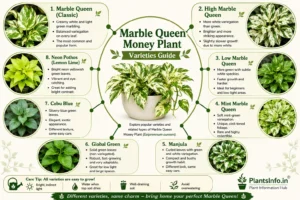 Marble Queen Money Plant varieties guide showing Classic, High Marble, Low Marble, Mint Marble, Manjula, Global Green, Cebu Blue, and Neon Pothos.