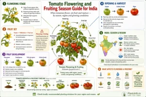 Tomato flowering and fruiting season guide for India showing flowering, fruit set, fruit development, ripening and harvest stages.