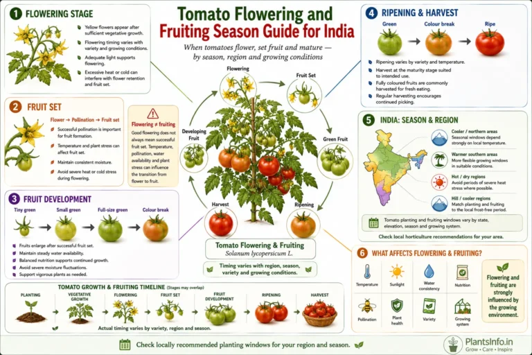 Tomato flowering and fruiting season guide for India showing flowering, fruit set, fruit development, ripening and harvest stages.