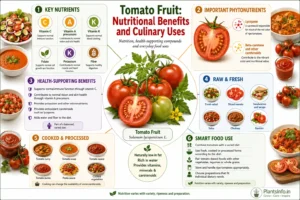 Tomato fruit nutritional benefits and culinary uses, showing nutrients, lycopene, health-supporting compounds and foods.