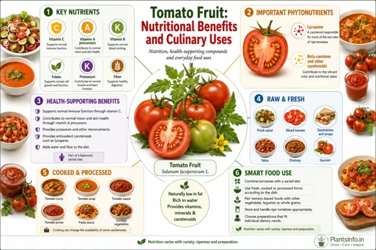 Tomato fruit nutritional benefits and culinary uses, showing nutrients, lycopene, health-supporting compounds and foods.