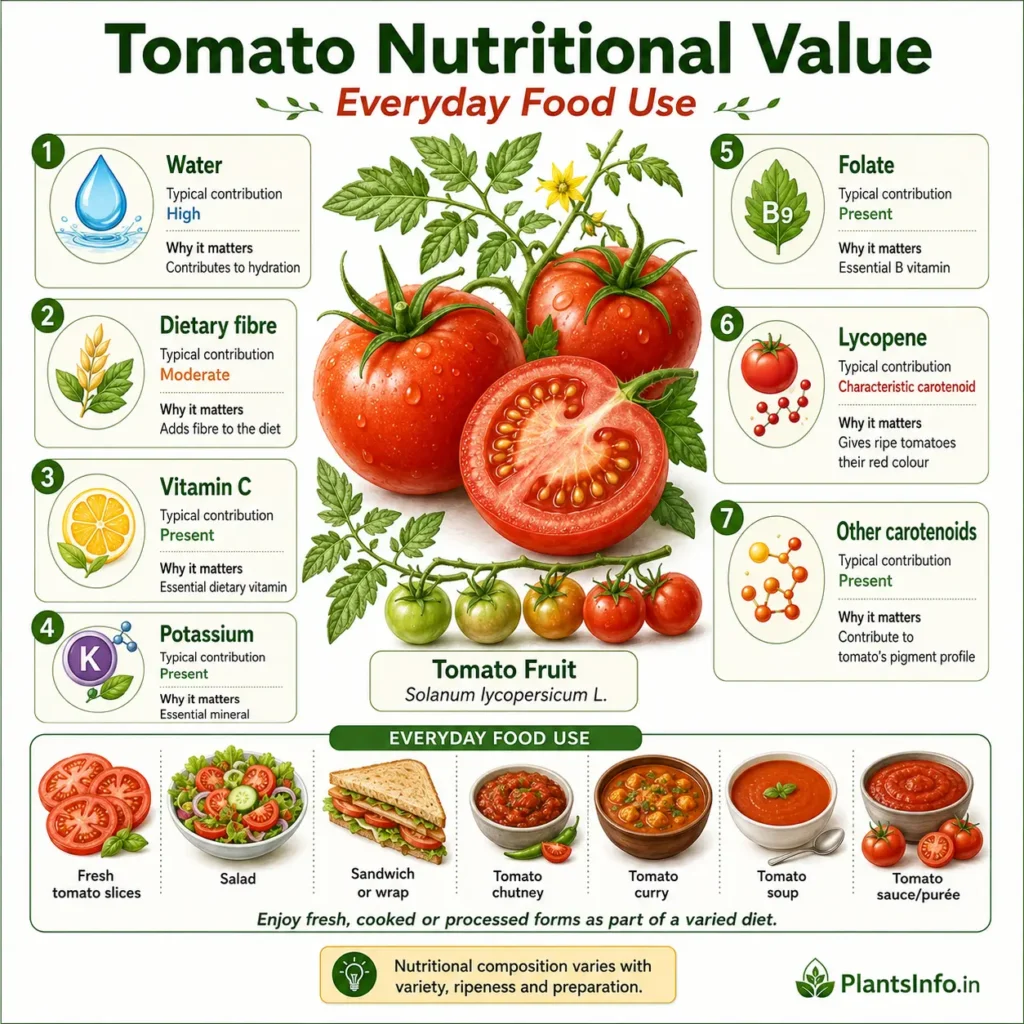 Tomato nutritional value showing water, fibre, vitamins, potassium, folate, lycopene and everyday food uses.