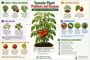 Tomato plant problems and diseases showing fungal, bacterial, viral, pest, and nutritional symptoms with management tips.