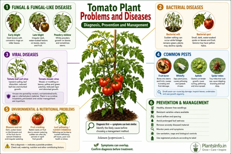 Tomato plant problems and diseases showing fungal, bacterial, viral, pest, and nutritional symptoms with management tips.