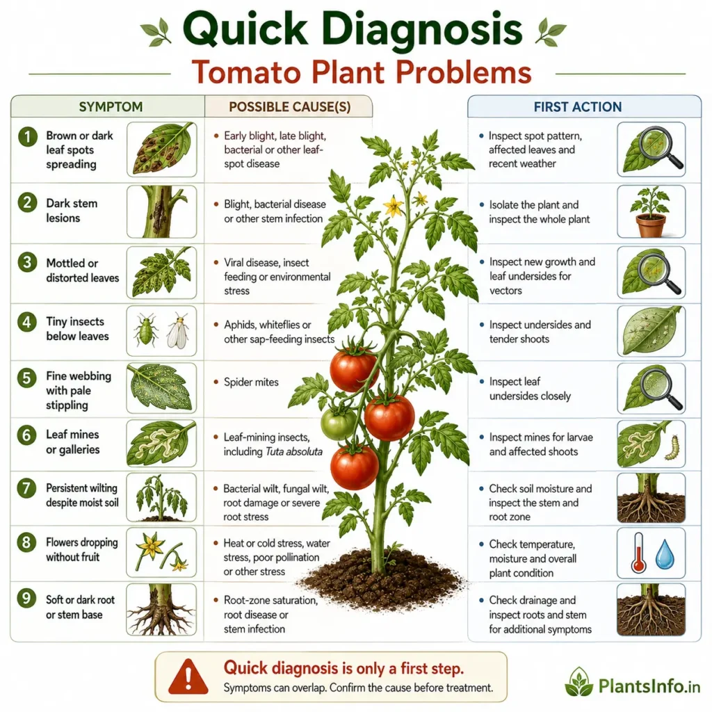 Quick tomato diagnosis guide showing common symptoms, possible causes, and first actions for plant problems.