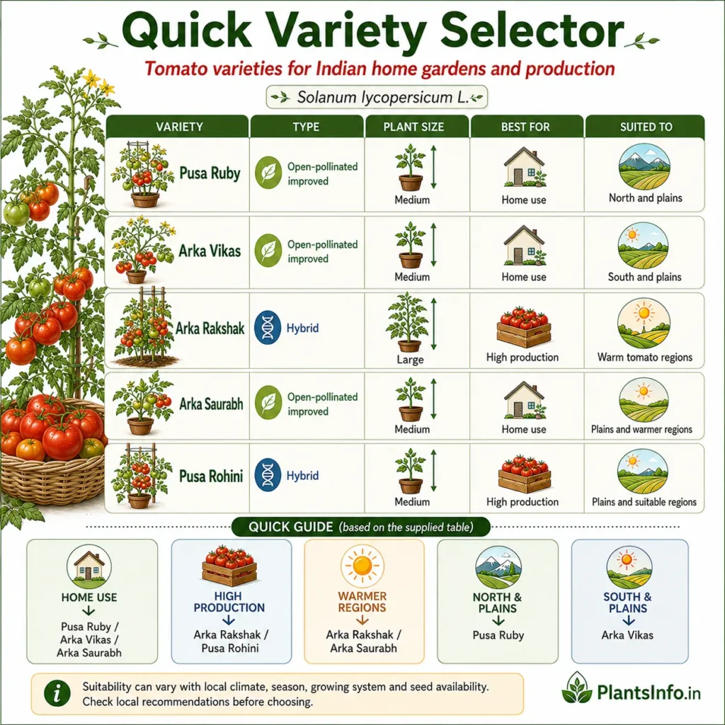 Quick tomato variety selector comparing Pusa Ruby, Arka Vikas, Arka Rakshak, Arka Saurabh and Pusa Rohini.
