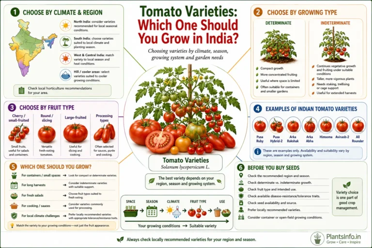 Tomato varieties guide for India showing regional, fruit, growth-type and garden selection factors.