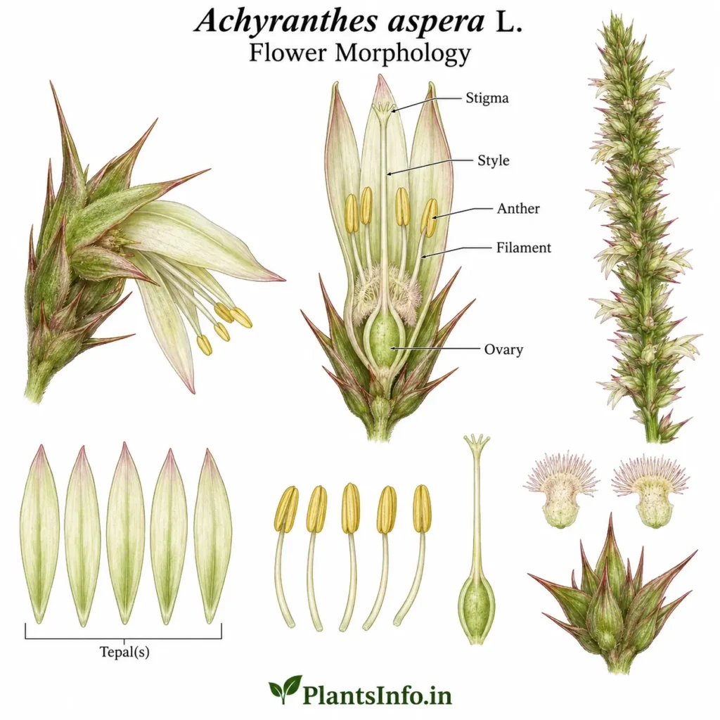 Botanical illustration of the flower morphology of Achyranthes aspera L. showing five tepals, five stamens, stigma, style, ovary, persistent spinous bracteoles, and terminal spike architecture.