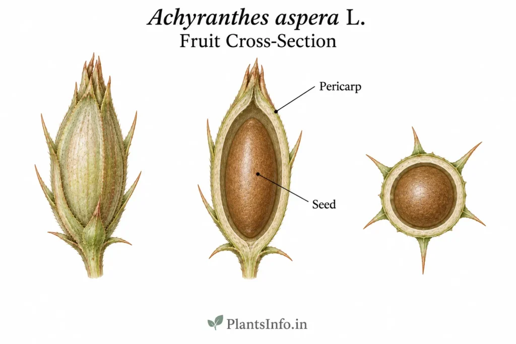 Botanical illustration of the fruit cross-section anatomy of Achyranthes aspera L. showing the pericarp, a single seed, longitudinal and transverse sections, and the external fruit form.