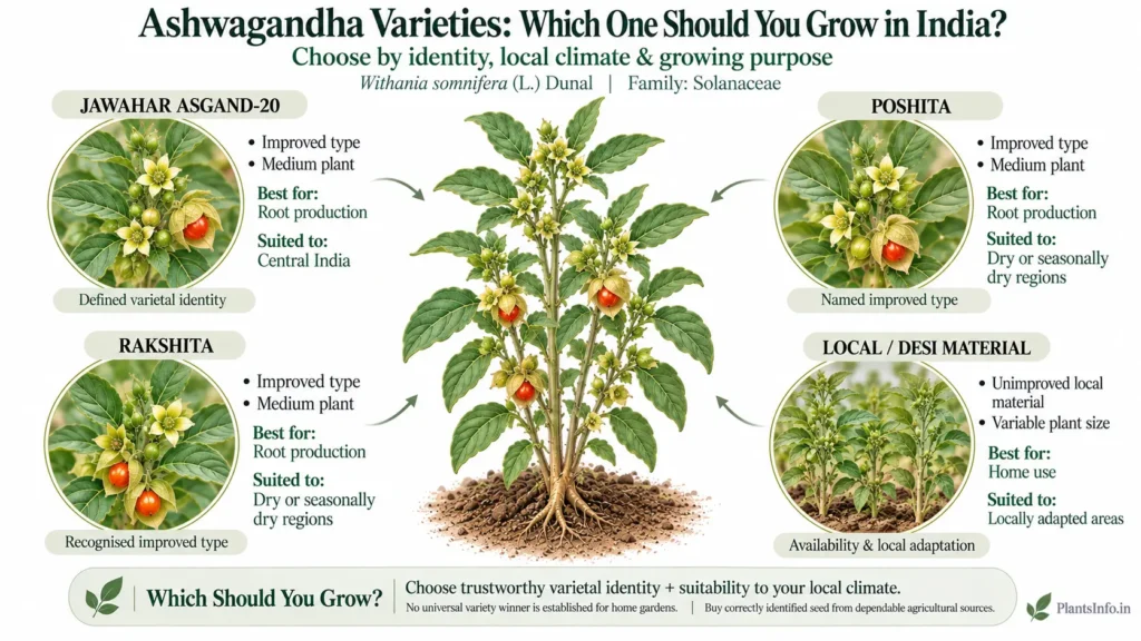 Ashwagandha varieties in India compared, including Jawahar Asgand-20, Poshita, Rakshita and local desi material.