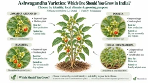 Ashwagandha varieties in India compared, including Jawahar Asgand-20, Poshita, Rakshita and local desi material.