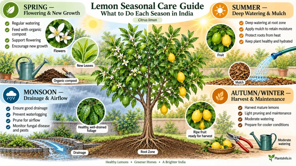Botanical seasonal care guide for lemon (Citrus limon) in India, covering spring, summer, monsoon, and winter care.