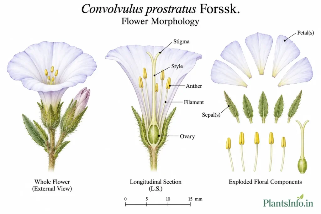 Botanical illustration of the flower morphology of Convolvulus prostratus Forssk. showing the funnel-shaped corolla, five stamens, sepals, superior ovary, style, and bifid stigma.