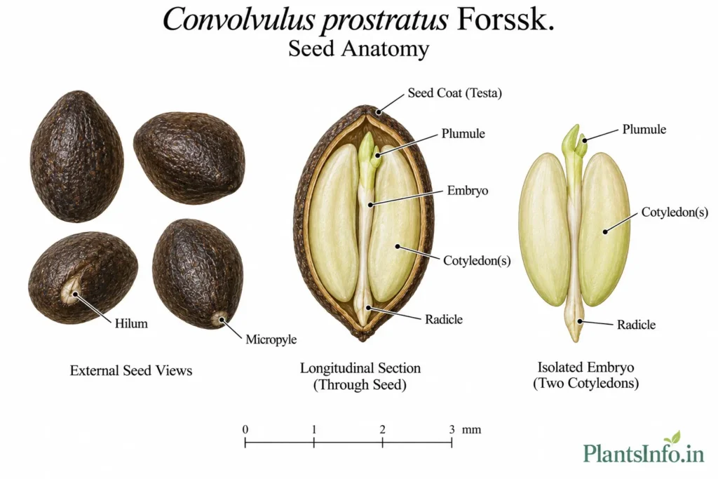 Botanical atlas illustration of Convolvulus prostratus Forssk. seeds showing external seed views, longitudinal anatomy, seed coat, embryo, two cotyledons, radicle, plumule, hilum, and micropyle.
