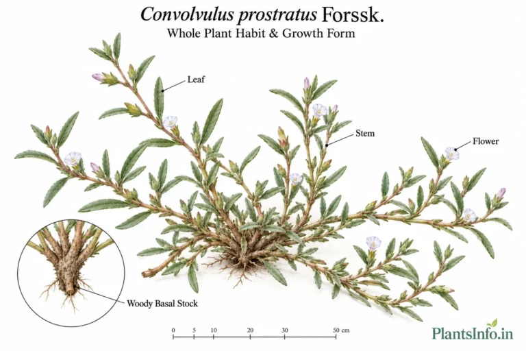 Botanical illustration of the whole plant habit and growth form of Convolvulus prostratus Forssk. showing its low prostrate-to-ascending architecture, narrow hairy leaves, axillary flowers, and woody basal stock.