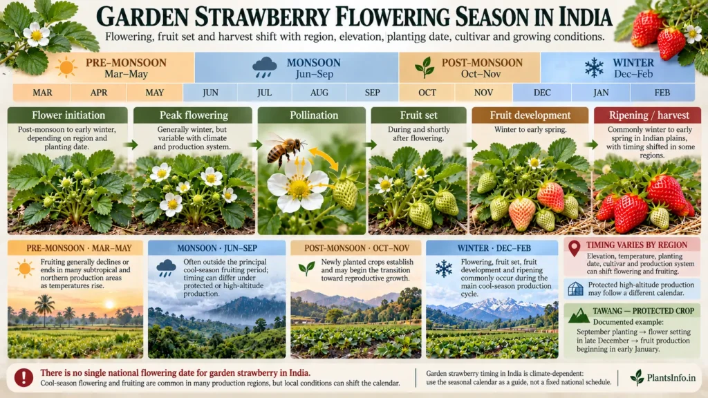 Garden strawberry flowering season in India showing flowering, pollination, fruit set, fruit development and harvest timing
