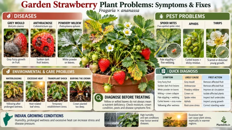 Garden strawberry plant problems infographic showing diseases, pests, environmental stress symptoms and quick diagnosis for Indian growing conditions
