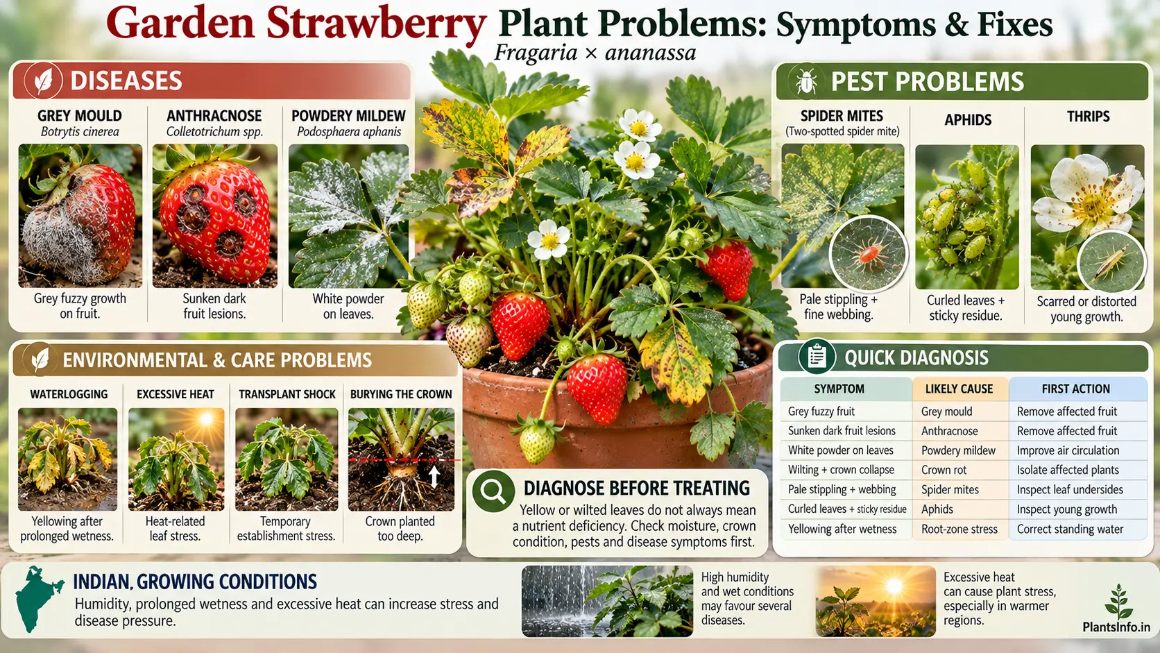 Garden strawberry plant problems infographic showing diseases, pests, environmental stress symptoms and quick diagnosis for Indian growing conditions
