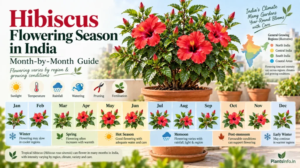 Botanical diagram of hibiscus flowering season in India with Jan–Dec guide and regional climate variations; scientific atlas illustration.