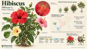 Semi-infographic botanical illustration of Hibiscus showing the garden hibiscus, prominent staminal column, leaf and fruit features, growth-form diversity, common Indian names, and species-dependent distribution in India.
