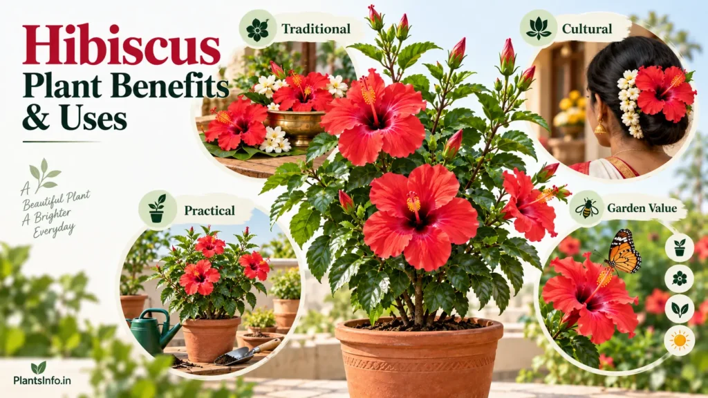 Botanical diagram of hibiscus showing traditional, cultural, practical and garden uses; scientific atlas illustration.