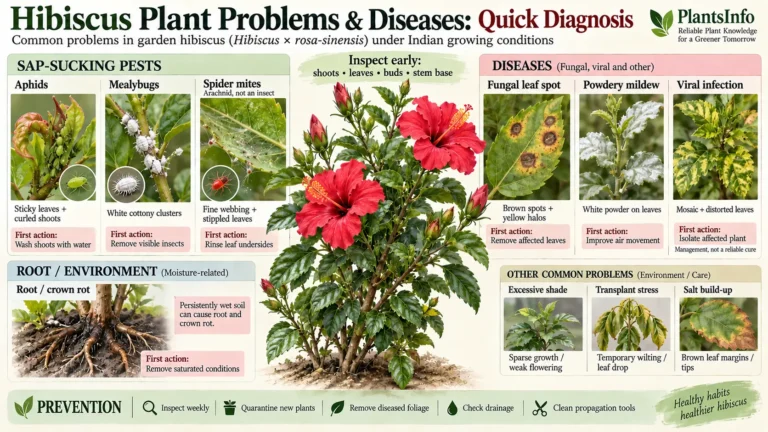 Semi-infographic showing common hibiscus problems including aphids, mealybugs, spider mites, fungal leaf spot, powdery mildew, root or crown rot, and viral leaf distortion with diagnostic symptoms and first actions.